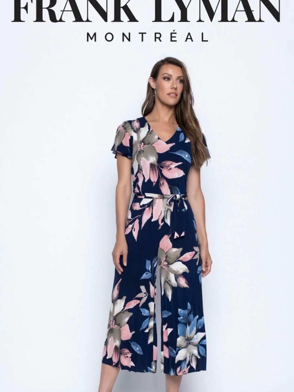 Frank Lyman Design Navy Floral Wide-Leg Belted Jumpsuit